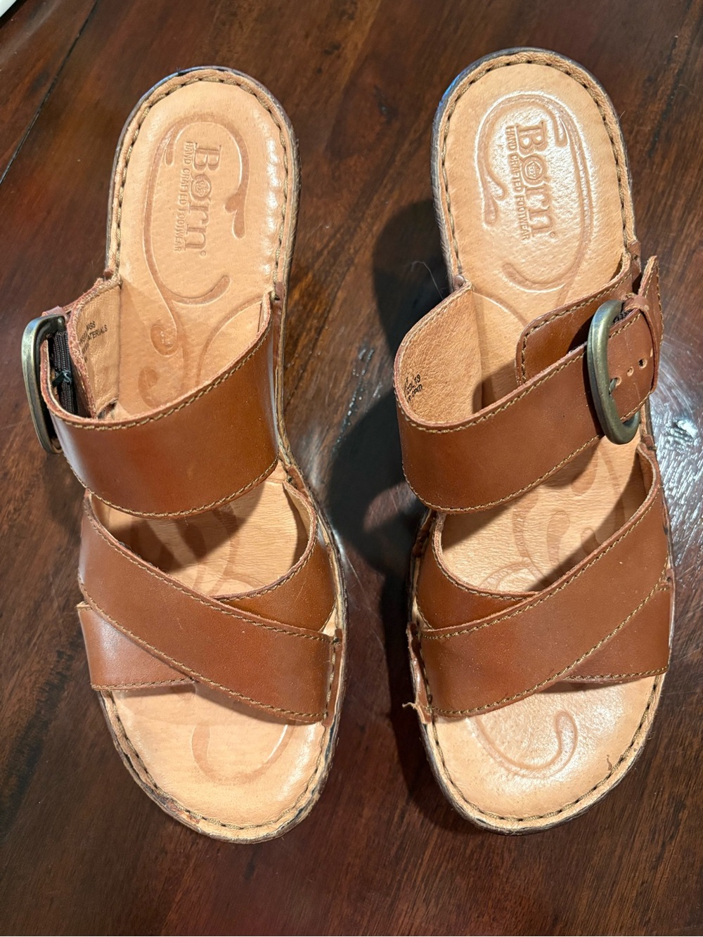 Born Tan Leather Slide Sandals with Buckle for Kids